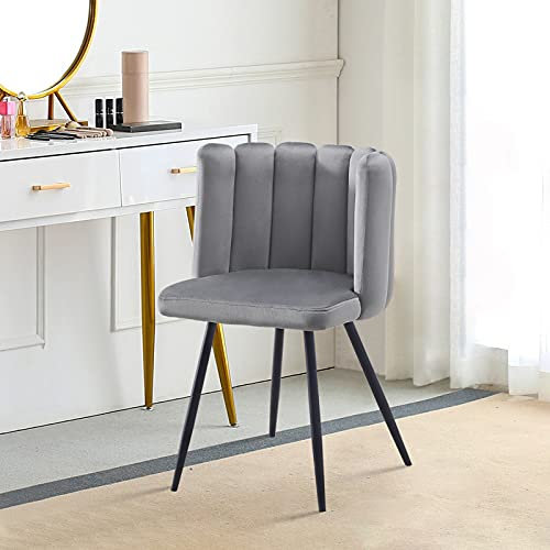 LEMROE Velvet Dining Chair with Petal Backrest Vanity Reception Dressing Chair with Black Metal Legs Padded Leisure for Dining Room Living Room Bedroom (1PC, Grey)