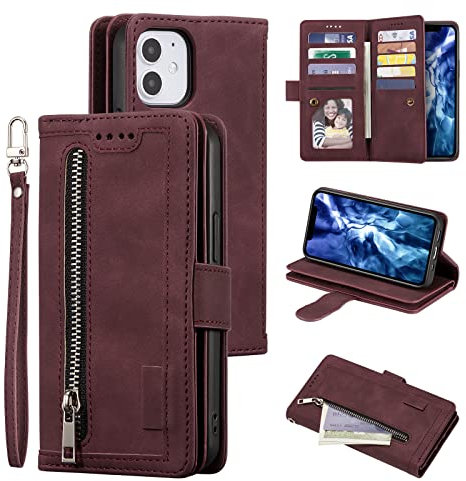 UEEBAI Wallet Case for iPhone 12 iPhone 12 Pro 6.1 inch, Retro 9 Card Holder Slots Zipper Pocket Handbag Case PU Leather Magnetic Closure Kickstand Wrist Strap TPU Shockproof folio Case-Wine Red