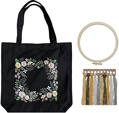 Namvo Stickset für Leinen-Tragetaschen, Stickset für Anfänger mit Muster und Anleitung, inklusive Sticktasche mit Blumenmuster, Stickrahmen, bunten Fäden und Werkzeugen für DIY-Kunst, Handwerk