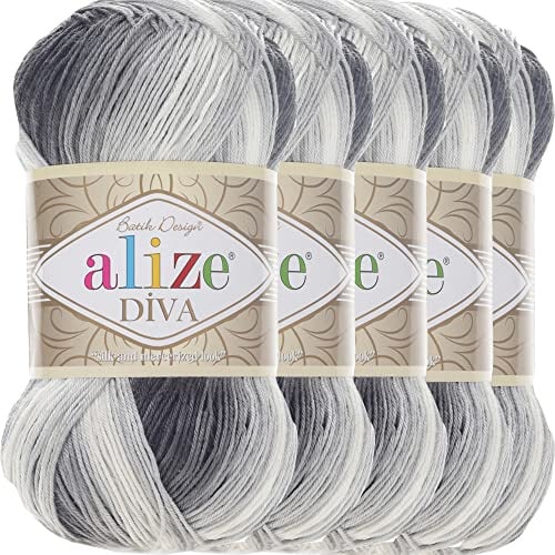 Hobby YARN 3x Etikettenlabel mit Alize Diva Batik Wolle 5 x 100g als Set, Garn, Yarn, Strickgarn mit Farbverlauf, Baby, Akzente, Accessoire, zum Häkeln, Stricken, Kleidung