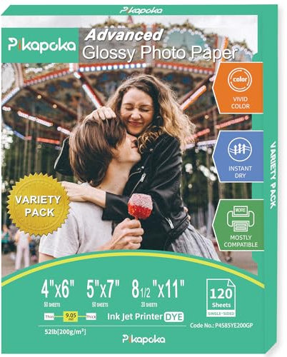 Pikapoka P4585YE200GP, glänzendes Fotopapier, 120 Stück, verschiedene Größen, Tintenstrahldrucker, 23,6 kg, Pikapoka