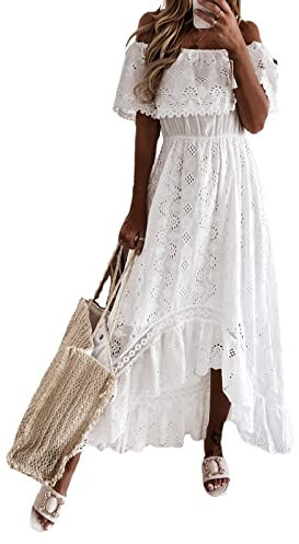 Geagodelia Robe Longue Femme Épaule Denudée Robe Évidée Ourlet à Volant Élastique Maxi Unie Ample Voyage (Blanc, M)