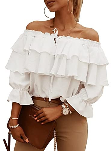 Haut à épaules Dénudées pour Femmes avec Manches Lanterne Blouse à épaules Dénudées été Décontracté élégant Volants à Manches Longues Haut de Chemise