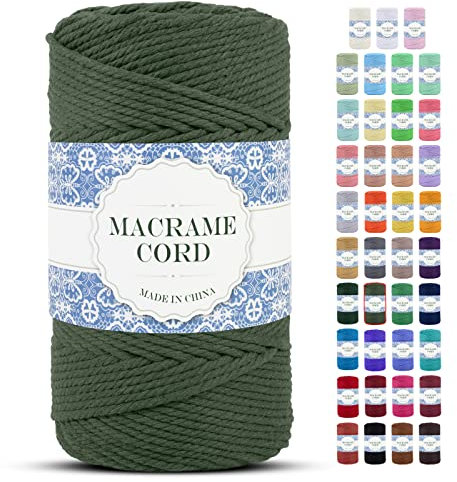 Uiopa Makramee Garn 4mm x 200m Natürliche Baumwollkordel Baumwollseil Baumwollgarn Baumwollschnur, Macrame Cord 4mm für DIY Basteln Stricken Wandbehang Pflanze Aufhänger Boho Deko (Armeegrün)