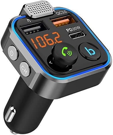 NK Transmisor FM Bluetooth 5.0 para Coche - 3 Puertos: Carga Rápida QC3.0 & Tipo C PD3.0 20W, Manos Libres, Sonido Hi-Fi con Bajos Profundos (Altavoz)
