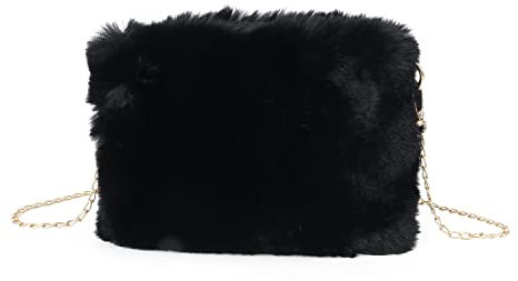 Syrads Damen Umhängetasche aus weichem Plüsch Clutch Handtasche mit Kette,Schwarz