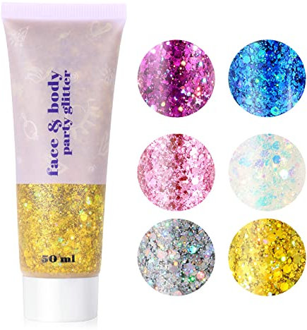 URAQT Body Glitter Gel, Chunky Glitter Gel, Chunky Body Lotion Glitzer Flüssiger Lidschatten, Meerjungfrau Pailletten Funkelnde für Gesicht Haare Lippen Nägel Make Up Kosmetik Festival (02-Gold)