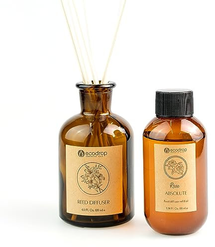 Ecodrop Rose Reed Diffuser Set - 100ml | Relaxing & Luxurious Rose Scented Aromatherapy Fragrance Oil, a Glass Bottle & 6 Wooden Reed Sticks | Office & Home Spa Gift for Kitchen, Bedroom & Bathroom