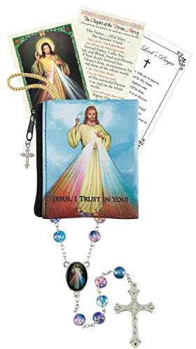 Göttliche Barmherzigkeit Rosenkranz – Jesus I Trust in You Tasche, Gebetskarte,Chaplet of Divine Mercy mit Tafelaufsatz und Spritzperlen, The Lords Gebetskarte,Set mit 4 Stück