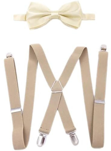 Fliege Hosenträger für Herren und Vermissen in X-Form mit sehr Starken 4 Metall Clip,für Männer und Damen Einstellbar und Elastisch,Partys,Ausflüge,Valentinstag Weihnachten und Verschiedene,Beige