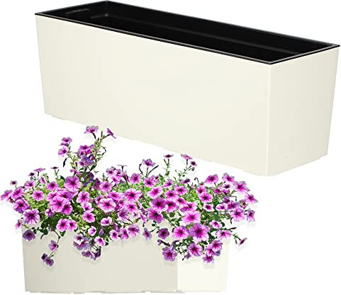 KADAX Fioriera in plastica, 18,5 x 56 cm, con inserto, resistente alle intemperie, vaso rettangolare per fiori da esterno (motivo a griglia, crema)