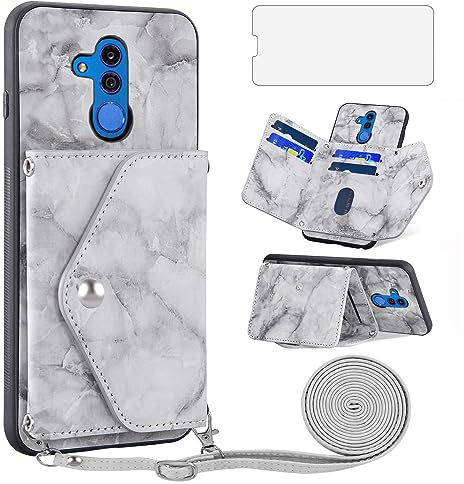 Asuwish Handyhülle für Huawei Mate 20 Lite Hülle mit Band und Glas Folie Schutzfolie Kartenfach Klappbar Kette Leder Geldbörse Ständer Hawaii Mate20 20Lite SNE-LX1 Hüllen Schutzhülle Phone Case Grau