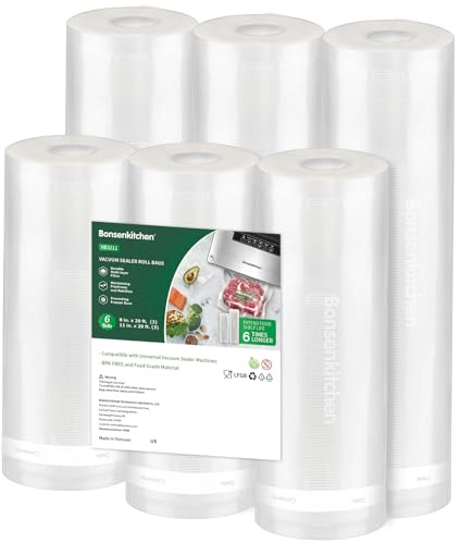 Bonsenkitchen Vacuum Sealer Rolls Bags, 6 Pack 3 Rolls 11 x 20' + 3 Rolls 8 x 20' Commercial Grade BPA Free Bag Rolls, Durable Customized Size Food Vac Bags for Storage and Sous Vide Cooking VB3211