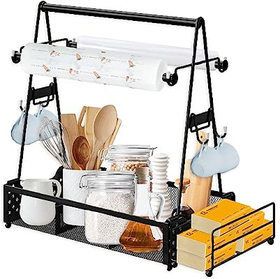 Les-Theresa Grill Caddy für Camping, Picknick & Outdoor, Schwarz, Edelstahl, Campingzubehör-Organizer, Medium, Küchenregal mit 4 Fächern & 4 Haken, Abnehmbar, Rostbeständig