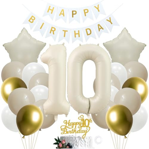 SNOWZAN 10 Geburtstag Deko Mädchen Weiß Gold Deko 10. Geburtstag Mädchen Junge Kuchen Topper Party Deko 10 Geburtstag Junge 10th Birthday Decorations 10 Geburtstag Deko für 10 Jahre Geburtstagsdeko