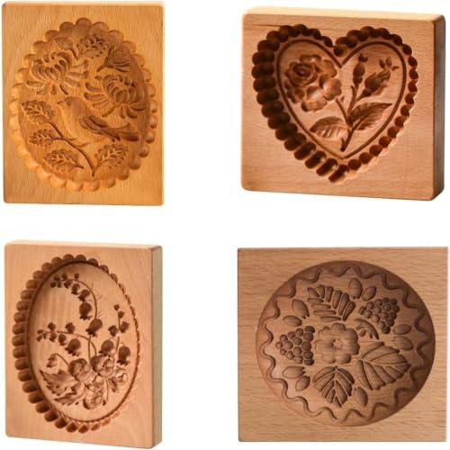 Anloximt 4-Packs Moule et Découpeur 3D Sculpté en Bois pour Biscuits et Gâteau Lunaire