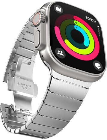 GOQELK Kompatibel mit Apple Watch Armband 49mm 45mm 44mm 42mm,316L Edelstahl Gliederarmband Ersatzarmbänder Geeignet für iWatch Ultra 2/Ultra,Series 9/8/7/6/5/4/3/2/1/SE SE2 Silber