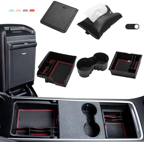 MoKo 6 Pack Center Console Organizer Tray, for Tesla Model 3 Model Y 2023 2022 2021, Armrest Storage Box, Hidden Magnetic Storage Box, Cup holder, Webcam Cover, Tissue Holder, Black, Black