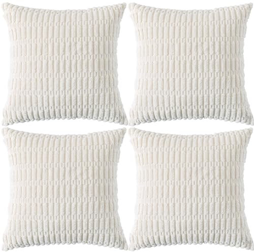 Ci & Ci 4er Set Deko Kissenbezug 45x45 cm, Cremeweiß Kordsamt Kissen Sofakissen Dekokissen Zierkissen, Flauschig Kissenbezüge Kissenhülle für Sofa Couch