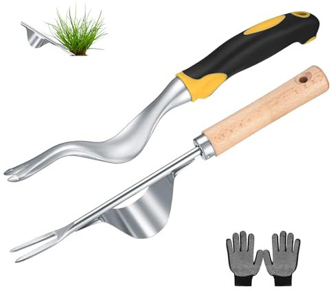Tomtary 2 Pack Weeding Tool with Gloves, Hand Weed Puller Tool, Manual Weeder Tool, Y-shaped Fork Root Dandelion Remover Tool, Stainless Garden Weeding Tool, Digger For Garden Lawn Patio Yard