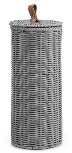 Woodluv Round Handwoven Polypropylene Lidded Toilet Roll Holder, Loo Roll Keeper, Storage Organiser, Storage Basket With Lid, Freestanding Unit, For Home, Bathroom - Grey, Dia. 18cm x 40 cm (H)