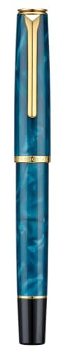 HONG DIAN Hongdian N12 - Penna stilografica a stantuffo con pennino morbido extra fine, in acrilico blu foglia di tè e design classico aerodinamico, con custodia in metallo