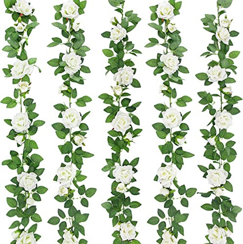 Hatriel 5 Stücke Künstlich Rosen Blumengirlande, Weiß Blumengirlande, Künstlich Pfingstrosen Girlande, mit Grünpflanzen Künstlich Gefälschte Rose Rebe Blumen, für Hochzeit Party Garten Dekor (Weiß), Smoothzx126