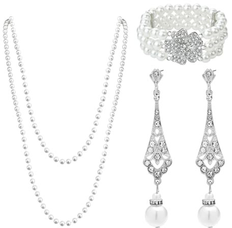 MIVAIUN 3 Stück Kunststoff Perlen Set 1920er Jahre Perlen Schmuckset,1920er Damen Perlenkette Ohrringe Armband Set 1920er Halskette Vintage Ohrringe Perlenarmband für Mädchen Damen Party (Set C)