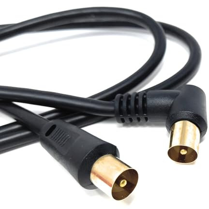 DRUT 1.5m TV Male to Male Plug Coaxial Cable RG6 Aerial Digital Antenna RF Fly Lead Cable (Right Angle, Black Gold, 5ft.)