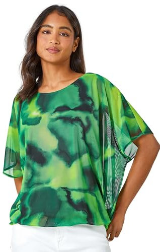 Roman Overlay Top for Women UK - Ladies Summer Blouse Spring Everyday Holiday Autumn Work Winter Round Neckline Comfy Pull-On Soft Vacation 3/4 Length Sleeves - Green Light Green - Size 10