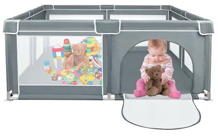 Parc Bébé, 180x150 cm, d'Activité pour Enfants avec Base, modulable, pliable, grand parc pour enfant en bas âge Avec Porte Zippée (gris)