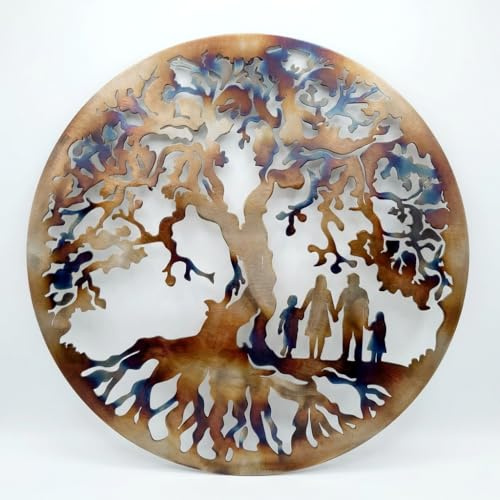 MetalArtWallDecor MetalWallArtDecor Baum des Lebens, Familiensymbol, Jungen, Mädchen und Eltern, 4-köpfige Familie, tolles Geschenk (69,8 cm)