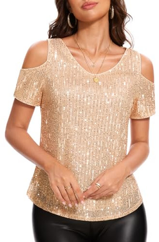 DRESSTELLS Pailletten Oberteil Damen Glitzer Shirt Gold Schulterfreies Metallic Top Elegant Festliche Blusen Disco Sommer Party Outfit Champagne XL