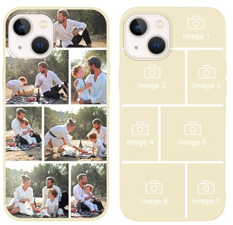Yoedge Personalised Phone Case for iPhone 15 Plus 6.7 inch, Custom Photo Design Flexible Soft Silicone Customized Rubber Shockproof Cover, Personalize with 7 Image Collage for Girls Women, Beige