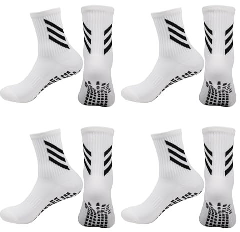 4 Paar Fußballsocken Herren Fussball Grip Socken T-ap-edes-ign Socken Fussball Fs Football Socks Gripsocks Ta-pe De-s-ign Fussballsocken Geeignet für Basketball Rugby Yoga Wandern und Laufen (Weiß)