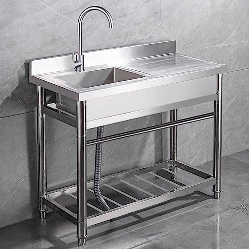 Fregadero de exterior Fregadero comercial Lavabo de cocina de acero inoxidable individual con mesa de trabajo para cocina de garaje interior y exterior