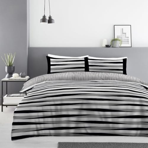 Polycotton Bedding Double Bed Set - Reversible Stripe Duvet Cover With Fitted Sheet - Breathable Soft Comforter Cover With Pillowcases - Washable