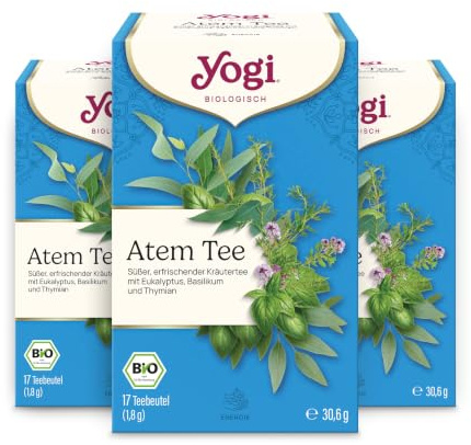 Yogi Atem Tee, süß, erfrischend und befreiend, 3x17 Beutel (51 Teebeutel) | Ayurvedischer Bio Kräutertee, natürlich koffeinfrei, mit Eukalyptus, Basilikum und Thymian, unterstützt dich & deine Energie