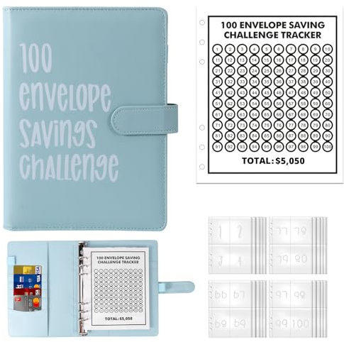 Palmcee 100 Envelope Saving Challenge, Sparbuch für Geld, Geldsparbinder Budget Planner mit A5 Cash Umschläge, Geld Sparen Challenge - Sparen Sie Ganz Einfach 5050 EUR (Blau)