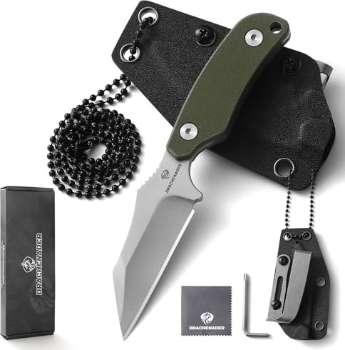 DRACHENADER Neck Knife X-WH, Wharncliffe D2 lama fissa 7, 6 cm, mini coltello Full Tang con fodero in Kydex, catena a sfere e clip per cintura, lama argento + manico in G10 verde