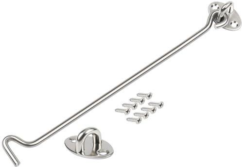 ZiYuya Hook and Eye Latch, Stainless Steel Gate Hook Cabin Hook Lock, Hook Eye Latch Door Lock Hook Lock Latch for Wooden Gates Window Brace Gate Door Catch (Silver, 1 Pack, 10 Inch)