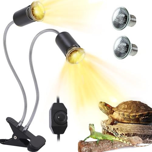 PewinGo Reptilien Wärmelampe, Dual Head Basking Light, dimmbares UVA Reptilienlicht für Schildkröte,Eidechse Schlange Bartagame und mehr(2 Birnen)