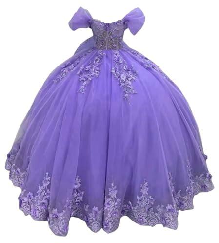 TSxuelian Vestidos de quinceañera de tul hinchado con capa de encaje, vestidos de baile de graduación con hombros descubiertos, para dulces 15 16, Lila oscuro, 54