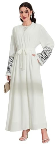 KRUIHAN Gebetskleidung für Frauen Open Front Weiß Abaya Damen Arabische Kleidung Frauen mit Stickereien,Fransen und Taschen,Muslimische Kleider Damen Kaftan Eid Ramadan Islamische Geschenke