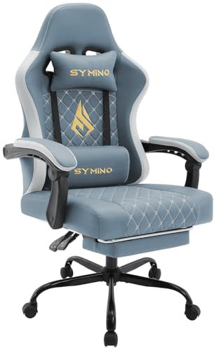 Symino Gaming Stuhl Racing Gamer Stuhl - Ergonomischer Gaming Sessel mit Lendenwirbelstütze, Gaming Chair mit Fußstütze Vintage PU Leder 130KG, Light Blue