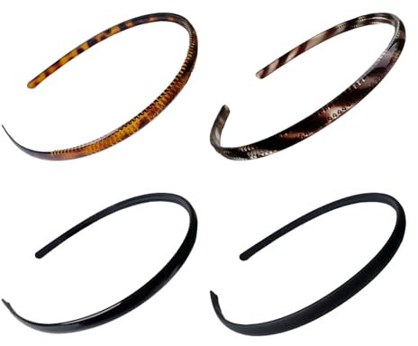 Haarreif aus Kunststoff mit Zähnen, 4 Stück, Uni, für Frauen und Mädchen, verschiedene – Twill-Braun, Schwarz, Kaffeebraun, Leopardenmuster, schwarzes Gummi, ideal für alle Haartypen, 0,8 cm x 36