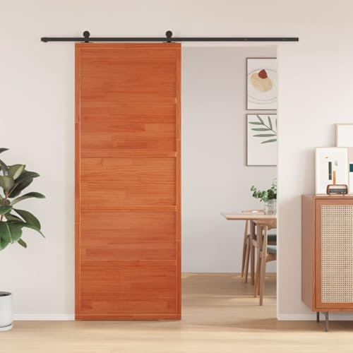 Gecheer Porta del Granaio Marrone 80x208 cm in Legno Massello di Pino,Porta del Granaio Sorrevole con Kit Binario,Porta con Set di Montaggio,Porta Scorrevole con Set Hardware,P850637