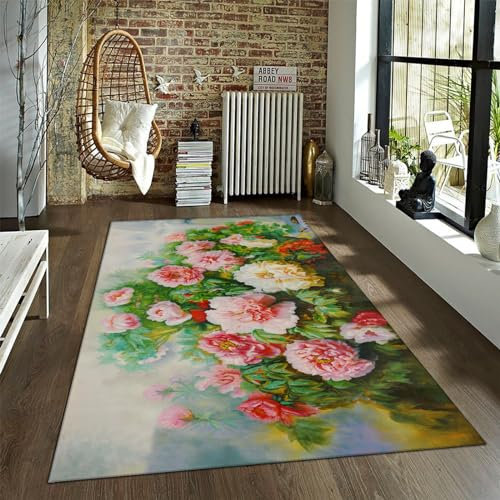 UERWOWELL Asiatischer Stil Blumen Großer Teppich Maschinenwaschbar Leicht zu reinigende Aquarell Pfingstrose Bedruckte Teppiche für Wohnzimmer Schlafzimmer 200x300cm