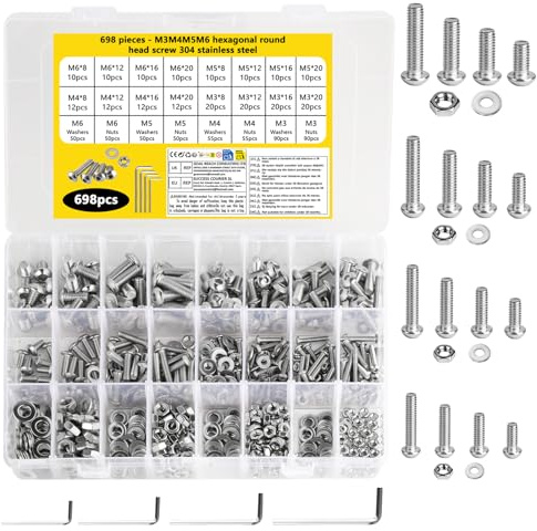 698 StkM3 M4 M5 M6 Schrauben Set,Edelstahl Linsenkopfschrauben Innensechskantschrauben Muttern Sortiment Sets,Rundkopf Innensechskant Schrauben und Muttern Set Unterlegscheiben,Gewindeschrauben Sets