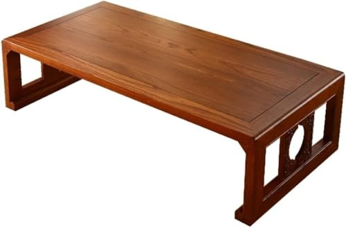 Japanischer Bodentisch, japanischer Couchtisch, Couchtische aus alter Ulme im neuen chinesischen Stil, Vintage-Gravur, Design mit abgerundeten Ecken, tragbarer Tatami-Tisch (Hellbraun, 60 x 40 x 30